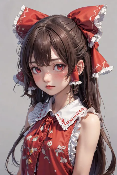 sleeveless_shirt,solo,highres,upper_body,sidelocks,snoo,collared_shirt,brown_hair,red_shirt,simple_background,shirt,nose_blush,straight-on,squidmiku,looking_at_viewer,long_hair,1girl,blush,red_bow,hakurei_reimu,touhou,reddit,frilled_hair_tubes,red_eyes,absurdres,sleeveless,hair_tubes,closed_mouth,frills,grey_background,frilled_shirt_collar,bow,hair_bow