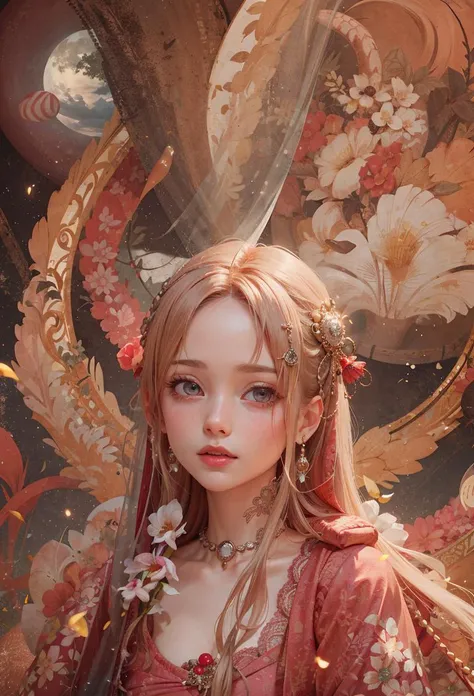 Ink style girl, angel, Chinese style background, moon, pink and long hair, little girl, , in the style of soft and dreamy depictions, candycore, rococo realms, --ar 2:3
