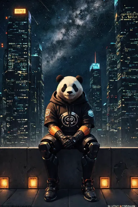 (a cyborg anthropomorphic giant panda male furry is sitting solo on rooftop:1.1), (He has very fluffy fur on cheek and animal head:1.1), (mechanical arms and hands, mechanical legs and boots, gloves:1.1), (He wears a short sleeves red hoodie with both proud and serious on his face:1.1), (His eyes are black and shine and looking afar:1.1), 
BREAK city below, backlighting, night, moonlight, starry sky, shooting star, constellation, masterpiece, best quality, realistic, illustration, cyberpunk, science fiction, medium shot, dutch angle