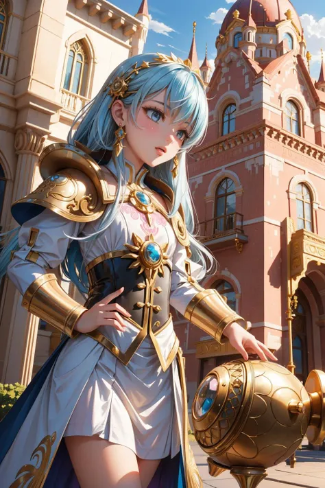 1girl, (abstract art stylized by Oleg Korolev:1.0) , epic Concept art, fairy tale, low angle shot of a Memecore Art Mecha-Regency ([Pagoda:aspic:2]:1.3) , it has ornate details, it is designed by Lamborghini, Ancient School in background, dense city street and Dwarf Planet Haumea in background, Foggy, horizon-centered, Zen, American Expressionism, Bloom light, 50mm, Pastel Colors, intricate, Gold Leafing, beautiful, absurdres, cinematic
