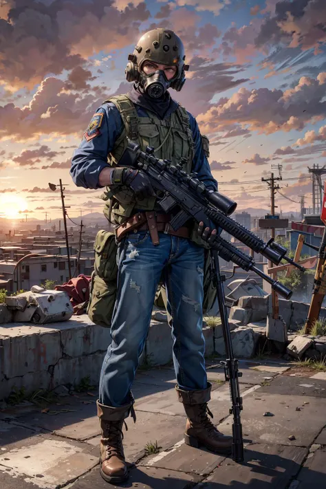 rifle,gun,mask,helmet,deathclaw,gas_mask,scope,jeans,fallout_\(series\),solo,sky,1boy,bandolier,bolt_action,duster,sun,pants,trigger_discipline,torn_clothes,clenched_hand,sniper_rifle,fallout_new_vegas,red_sky,thefearmaster,denim,cityscape,anti-materiel_rifle,boots,weapon,ncr_veteran_ranger,pgm_hecate_ii,highres,looking_at_viewer