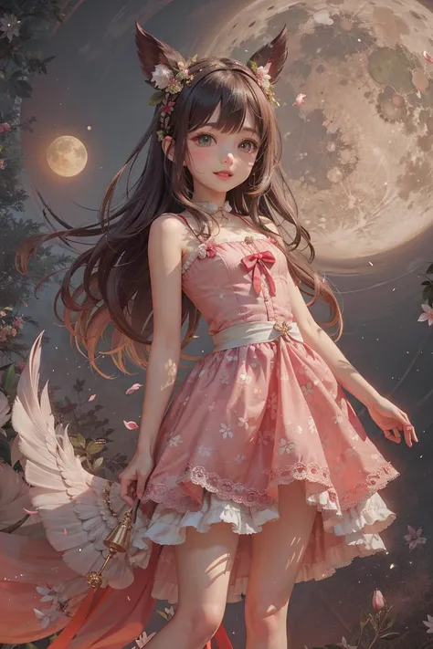 Ink style girl, angel, Chinese style background, moon, pink and long hair, little girl, , in the style of soft and dreamy depictions, candycore, rococo realms, --ar 2:3