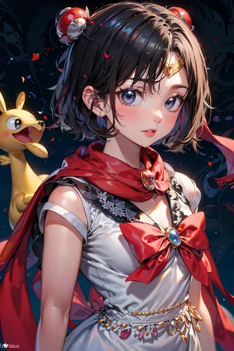 <lora:realistic:-0.5>,shinozaki_naruse,two-tone_dress,sailor_moon_redraw_challenge_\(meme\),black_eyes,short_hair,bishoujo_senshi_sailor_moon,nintendo,absurdres,upper_body,pokemon,selene_\(pokemon\),creatures_\(company\),meme,black_hair,game_freak,hair_ornament,highres,pokemon_masters_ex,scarf,dress,official_alternate_costume,selene_\(special_costume\)_\(pokemon\),red_dress,1girl,white_dress