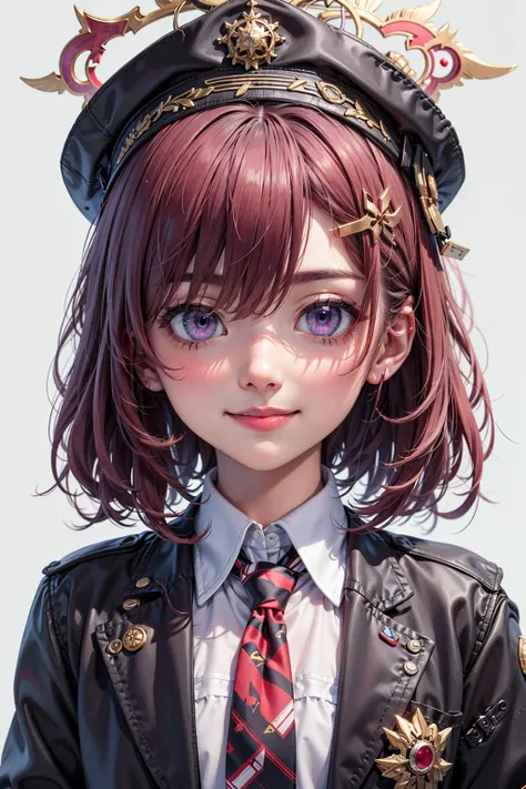 highres,solo,long_sleeves,hair_between_eyes,purple_hair,hat,blue_archive,halo,necktie,white_background,gazacy_\(dai\),nervous_smile,shirt,red_shirt,garrison_cap,haruka_\(blue_archive\),hairclip,black_jacket,smile,collared_shirt,simple_background,purple_eyes,looking_at_viewer,black_necktie,blush,bags_under_eyes,sweat,1girl,hair_ornament,jacket