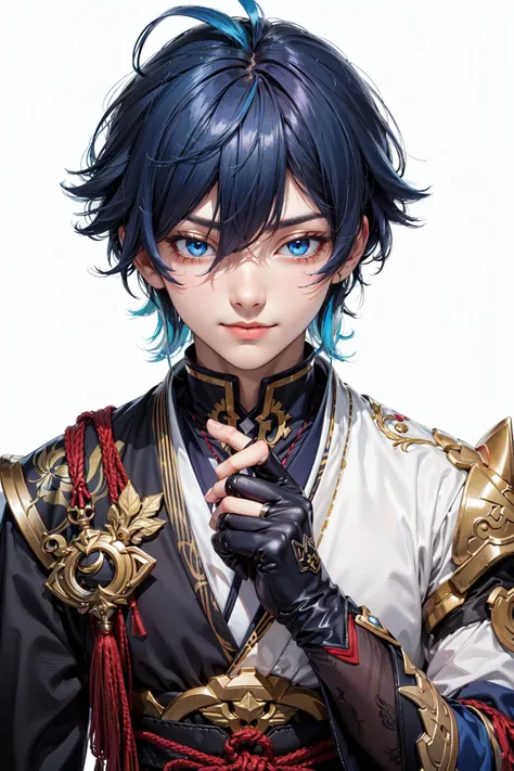 male_focus,bishounen,wanderer_\(genshin_impact\),1boy,gloves,short_hair,white_background,scaramouche_\(genshin_impact\),genshin_impact,blue_hair,hand_up,black_gloves,simple_background,absurdres,xmayo0x,looking_at_viewer,highres,solo,fingerless_gloves,smirk,blue_eyes,japanese_clothes