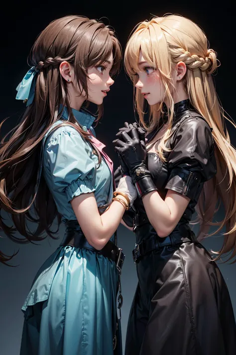 final_fantasy,blue_shirt,long_hair,long_dress,black_gloves,brown_hair,gloves,holding_hands,hair_between_eyes,tears,hand_on_another&