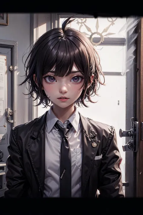 kirigiri_kyoko,looking_at_another,necktie,shirt,danganronpa:_trigger_happy_havoc,ribbon,blunt_bangs,naegi_makoto,neck_ribbon,indoors,short_hair,danganronpa_\(series\),highres,door,upper_body,jacket,1boy,collared_shirt,daisy_\(dchw21\),blurry_foreground,blurry,halftone,monochrome,long_hair,ahoge,spiked_hair,1girl
