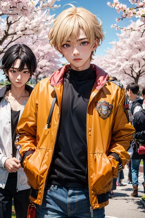 touma_hiragi,multiple_boys,black_hair,blonde_hair,clenched_hand,multicolored_clothes,school_bag,popped_collar,multicolored_jacket,jacket,aged_down,v-shaped_eyebrows,2boys,cherry_blossoms,two-tone_jacket,kouta_sako,wind_breaker_\(nii_satoru\),long_sleeves,highres,fighting,spiked_hair,orange_jacket,bag,male_focus,absurdres,soul_\(tamashii\)