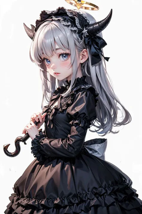 1girl,black_horns,highres,halo,multiple_horns,monochrome,solo,chibi,bonnet,yu1619khz,frills,demon_horns,goth_fashion,makoto_\(blue_archive\),blue_archive,black_umbrella,hairband,horns,lolita_hairband,umbrella,black_halo,black_dress,greyscale,dress,alternate_costume,sketch,lolita_fashion,frilled_sleeves,gothic_lolita,frilled_dress