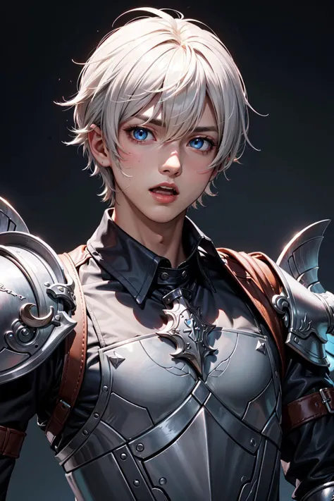 male_focus,short_hair,pauldrons,open_mouth,dark_skin,dark-skinned_male,final_fantasy,single_pauldron,highres,dated,shoulder_armor,collared_shirt,white_hair,warrior_of_light_\(ff14\),au_ra,karuo_\(oooruka_cr\),horns,looking_at_viewer,shirt,low_horns,blue_eyes,final_fantasy_xiv,1boy,armor
