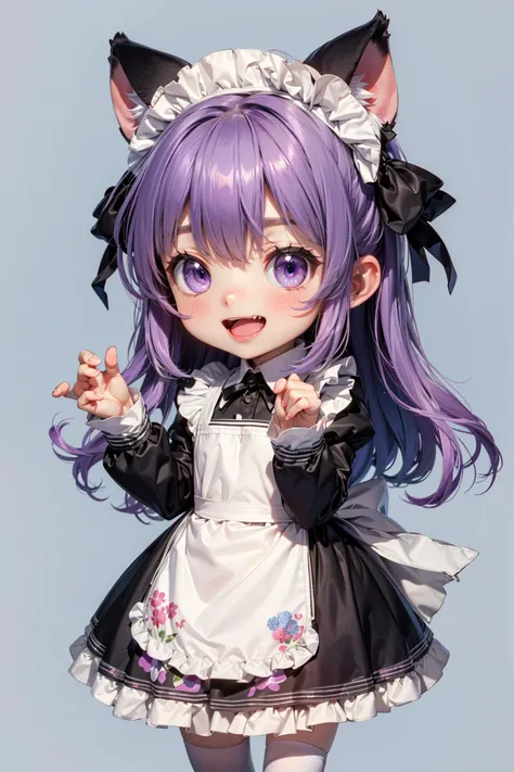 solo,track_jacket,purple_eyes,1girl,pale_skin,kemonomimi_mode,smile,uni_souchou,purple_hair,blush,blue_background,long_hair,sleeves_past_fingers,maid,apron,red_apron,puffy_long_sleeves,outline,black_jacket,romaji_text,jacket,cat_ears,chibi,simple_background,highres,blue_outline,sleeves_past_wrists,fang,long_sleeves,:d,heart,animal_ears,unconventional_maid,puffy_sleeves,+++,open_mouth,jersey_maid