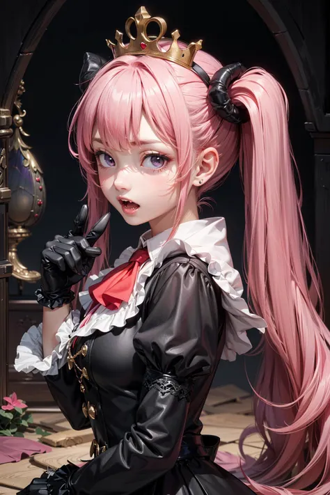 ascot,perona,gecko_moria,1girl,arched_crown,1boy,crown,gloves,ghost,pointy_ears,twintails,looking_to_the_side,official_art,lolita_fashion,long_sleeves,looking_at_viewer,teeth,one_piece_treasure_cruise,black_gloves,gothic_lolita,black_eyes,red_crown,rock,one_piece,fur_trim,horns,white_ascot,sharp_teeth,long_hair,pink_hair