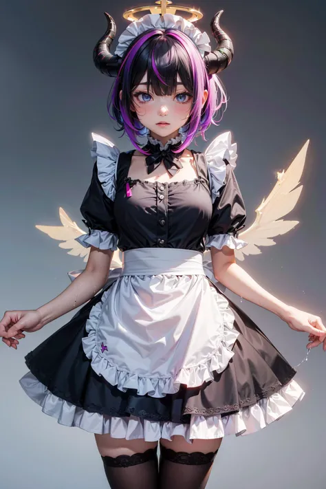 demon_horns,gradient_horns,highres,waist_apron,apron,frills,black_dress,purple_halo,black_halo,black_horns,multicolored_halo,multiple_horns,multicolored_horns,spill,dress,unconventional_maid,1girl,white_apron,frilled_apron,blue_archive,horns,red_halo,bucket,halo,maid_headdress,hair_over_one_eye,makoto_\(blue_archive\),maid,wet,absurdres,alternate_costume,solo,maid_apron,thighhighs,g5_\(g5_gugu\),gradient_halo