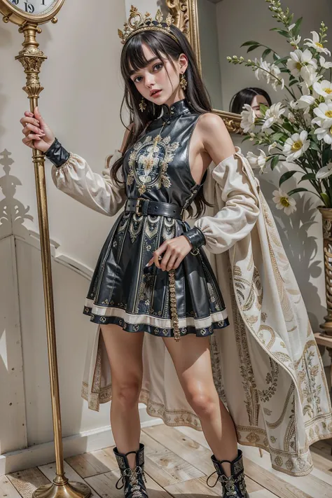 1girl , healer's robe, hooded mantle, leather pouch, belted shirtdress, patterned tights, ankle boots, flared jeans, boho blouse, wedge sandals, smock dress, patterned tights, heeled oxfords