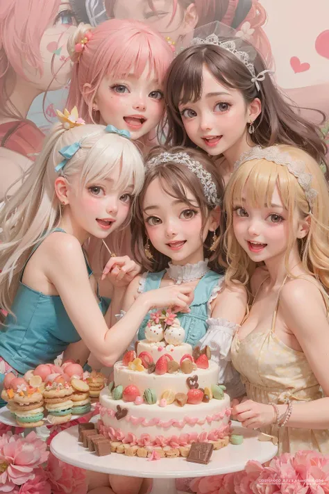 4+ girls, multiple colored hairs, sweet maids, random cute faces, super happy smiling, open mouth, group shot, zoom camera, sweet tea party, lots of cakes, macarons, chocolates, parfaits, cookies, land of sweets