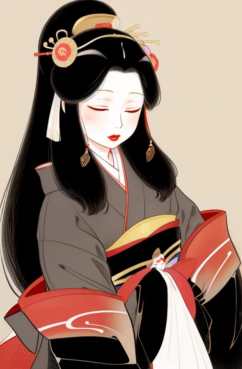 uemura-shoen,(nihonga:1.4),<lora:Uemura-Shoen:1> 1girl, black hair, black kimono, closed eyes, hair ornament, japanese clothes, kanzashi, kimono, , long hair, long sleeves, nihonga, obi, pale skin, red lips, sash,white flower