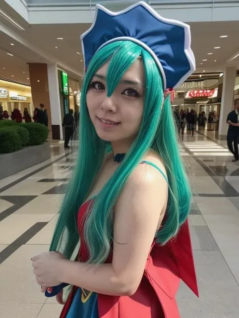 best quality, masterpiece, highres, detailed, realistic, <lora:Detail - add_detail:0.2>, Mariandale, <lora:Mariandale-10:0.9>, mall, cosplay, japanese woman, wig, posing, happy, blue and red dress, green hair, headdress, upper body,