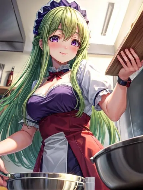 masterpiece, highest quality, Super detailed, 1 Girl, Mion Sonozaki, Green Hair, Green Eyes, ponytail, surprise:1.3、blush、Normal chest、Naked Apron:1.3,Face close-up、 (Fellatio gestures:1.3), (Open your mouth:1.2), Leaning forward, (Long Tongue:1.3), (Place your hand near your mouth)、1 Boy、1 penis:1.3