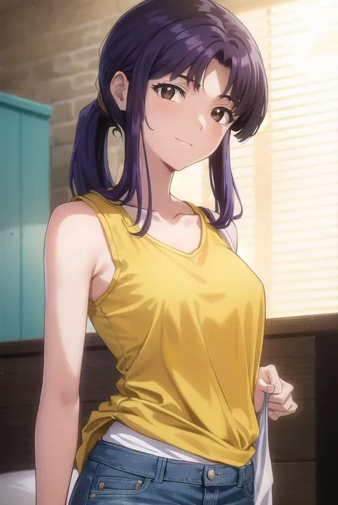 marimakinami, <lyco:misato katsuragi rebuild-lyco-nochekaiser:1>,
misato katsuragi, long hair, (brown eyes:1.5), (purple hair:1.2), (parted bangs:1.5), (ponytail:1.2), sidelocks,
BREAK shirt, sleeveless, shorts, short shorts, bare legs, denim, denim shorts, (yellow shirt:1.5), collarbone,
BREAK indoors,
BREAK looking at viewer, (cowboy shot:1.5),
BREAK <lyco:GoodHands-beta2:1>, (masterpiece:1.2), best quality, high resolution, unity 8k wallpaper, (illustration:0.8), (beautiful detailed eyes:1.6), extremely detailed face, perfect lighting, extremely detailed CG, (perfect hands, perfect anatomy),