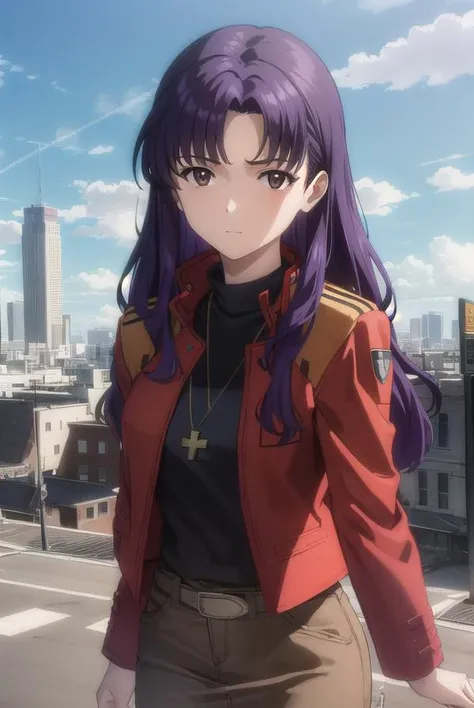 misatokatsuragi, <lora:misato katsuragi rebuild-lora-nochekaiser:1>,
misato katsuragi, long hair, (brown eyes:1.5), (purple hair:1.2), (parted bangs:1.5),
BREAK skirt, jewelry, jacket, belt, necklace, uniform, cross, red jacket, pencil skirt, cross necklace, red skirt, black shirt, turtleneck, cropped jacket,
BREAK outdoors, city, sky, clouds, sun,
BREAK looking at viewer, (cowboy shot:1.5),
BREAK <lyco:GoodHands-beta2:1>, (masterpiece:1.2), best quality, high resolution, unity 8k wallpaper, (illustration:0.8), (beautiful detailed eyes:1.6), extremely detailed face, perfect lighting, extremely detailed CG, (perfect hands, perfect anatomy),