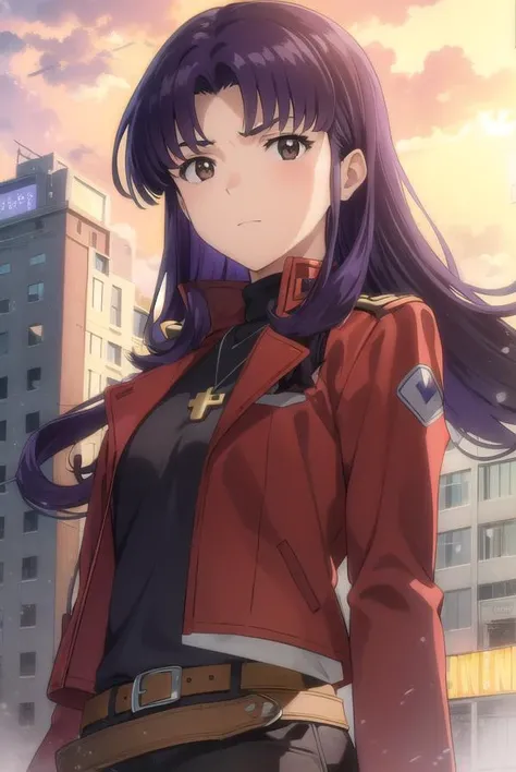 misatokatsuragi, <lora:misato katsuragi rebuild-lora-nochekaiser:1>,
misato katsuragi, long hair, (brown eyes:1.5), (purple hair:1.2), (parted bangs:1.5),
BREAK skirt, jewelry, jacket, belt, necklace, uniform, cross, red jacket, pencil skirt, cross necklace, red skirt, black shirt, turtleneck, cropped jacket,
BREAK outdoors, city, sky, clouds, sun,
BREAK looking at viewer, (cowboy shot:1.5),
BREAK <lyco:GoodHands-beta2:1>, (masterpiece:1.2), best quality, high resolution, unity 8k wallpaper, (illustration:0.8), (beautiful detailed eyes:1.6), extremely detailed face, perfect lighting, extremely detailed CG, (perfect hands, perfect anatomy),