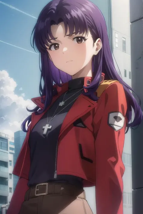 misatokatsuragi, <lora:misato katsuragi rebuild-lora-nochekaiser:1>,
misato katsuragi, long hair, (brown eyes:1.5), (purple hair:1.2), (parted bangs:1.5),
BREAK skirt, jewelry, jacket, belt, necklace, uniform, cross, red jacket, pencil skirt, cross necklace, red skirt, black shirt, turtleneck, cropped jacket,
BREAK outdoors, city, sky, clouds, sun,
BREAK looking at viewer, (cowboy shot:1.5),
BREAK <lyco:GoodHands-beta2:1>, (masterpiece:1.2), best quality, high resolution, unity 8k wallpaper, (illustration:0.8), (beautiful detailed eyes:1.6), extremely detailed face, perfect lighting, extremely detailed CG, (perfect hands, perfect anatomy),