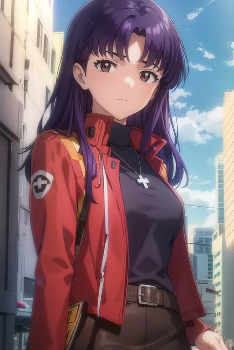 misatokatsuragi, <lora:misato katsuragi rebuild-lora-nochekaiser:1>,
misato katsuragi, long hair, (brown eyes:1.5), (purple hair:1.2), (parted bangs:1.5),
BREAK skirt, jewelry, jacket, belt, necklace, uniform, cross, red jacket, pencil skirt, cross necklace, red skirt, black shirt, turtleneck, cropped jacket,
BREAK outdoors, city, sky, clouds, sun,
BREAK looking at viewer, (cowboy shot:1.5),
BREAK <lyco:GoodHands-beta2:1>, (masterpiece:1.2), best quality, high resolution, unity 8k wallpaper, (illustration:0.8), (beautiful detailed eyes:1.6), extremely detailed face, perfect lighting, extremely detailed CG, (perfect hands, perfect anatomy),