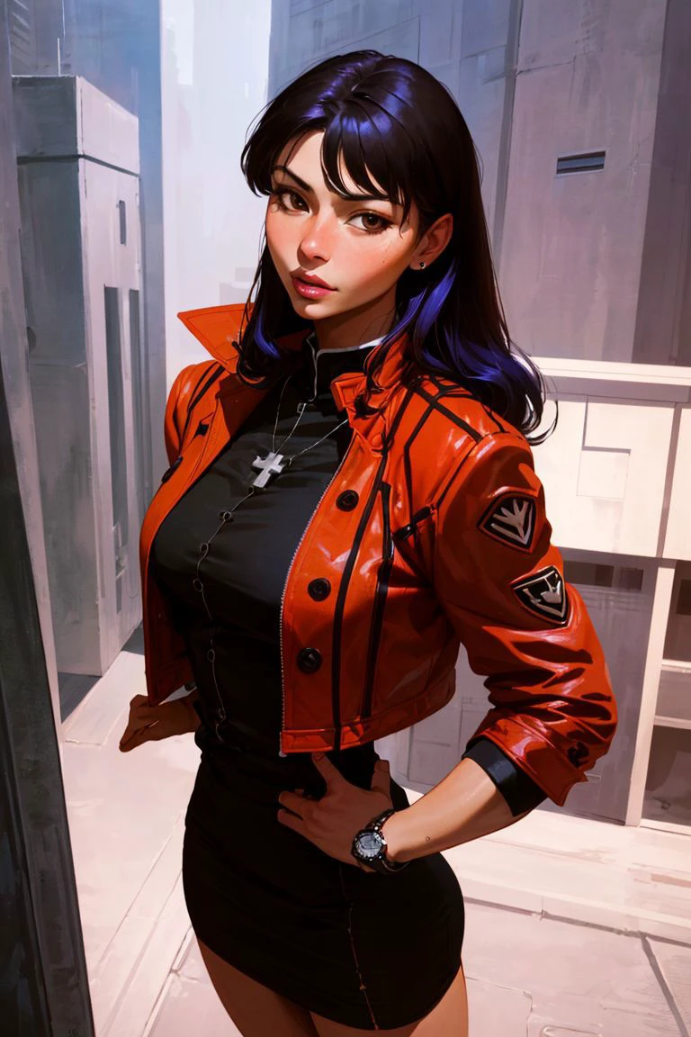 misatokatsuragi, misato katsuragi, long hair, (brown eyes:1.5), blue hair, purple hair, adult, mature, parted lips,
dress, jacket, earrings, boots, necklace, black dress, high heels, short dress, red jacket, watch, wristwatch, cross necklace,
looking at viewer, outdoors, city street, sexy
(masterpiece:1.5), (best quality:1.1), (intricate details:1.2), (ultra detailed),(realistic:1.5), (Detailed Illustration:1.2), (photorealistic:1.5), (hyper realistic:1.4), (8k, 4k, intricate), (cowboy shot:1.5), (highly detailed:1.2), (extremely detailed face:1.2), (extremely detailed eyes:1.2), (detailed background), (dynamic angle:1.2), (sexy pose:1.4), <lora:misatokatsuragi:0.8>, <hypernet:incaseStyle_incaseAnythingV3:0.8>,<hypernet:mjv4Hypernetwork_v1:0.1>,