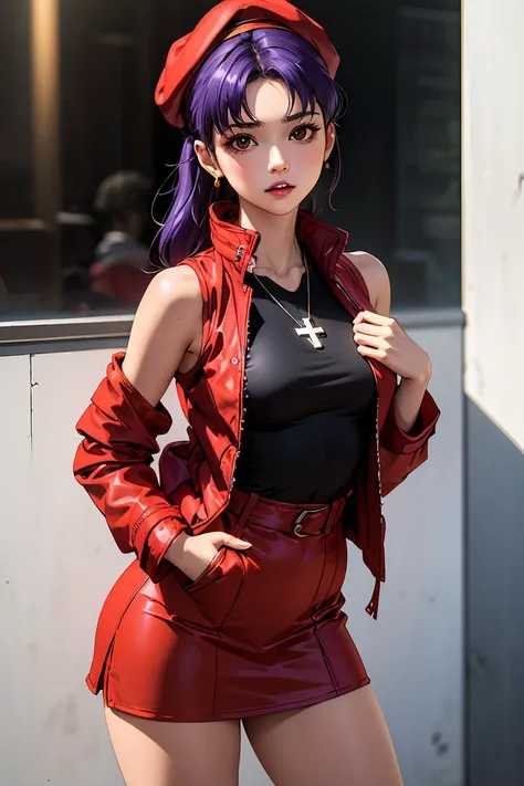 (masterpiece, best quality), 1girl, <lora:misatokatsuragi-lora-nochekaiser:0.8> misato katsuragi, long hair, (brown eyes:1.5), blue hair, (purple hair:1.2),, misato katsuragi, long hair, (brown eyes:1.5), blue hair, (purple hair:1.2), ponytail, hat, dress, bare shoulders, jewelry, jacket, earrings, open clothes, sleeveless, necklace, black dress, open jacket, sleeveless dress, beret, short dress, cross, red headwear, (red jacket:1.5), cross necklace