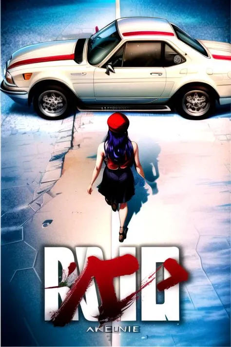 (masterpiece, best quality:1.2), akiraposter, from above, from behind, solo, 1girl, misato katsuragi, long hair, (brown eyes:1.5), blue hair, (purple hair:1.2), hat, dress, bare shoulders, jacket, open clothes, sleeveless, black dress, sleeveless dress, beret, short dress, red headwear, (red jacket:1.5), ground vehicle, (white Mazda Cosmo 110S with red stripe), <lora:concept_akiraposter-11:0.8> <lora:misatokatsuragi-lora-nochekaiser:0.8> <lora:add_detail:0.8>