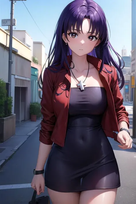 misatokatsuragi, <lora:misatokatsuragi-lora-nochekaiser:1>,
misato katsuragi, long hair, (brown eyes:1.5), blue hair, (purple hair:1.2),
BREAK dress, jacket, earrings, boots, necklace, black dress, high heels, short dress, (red jacket:1.5), watch, wristwatch, cross necklace,
BREAK outdoors, city,
BREAK looking at viewer, (cowboy shot:1.5),
BREAK <lyco:GoodHands-beta2:1>, (masterpiece:1.2), best quality, high resolution, unity 8k wallpaper, (illustration:0.8), (beautiful detailed eyes:1.6), extremely detailed face, perfect lighting, extremely detailed CG, (perfect hands, perfect anatomy),