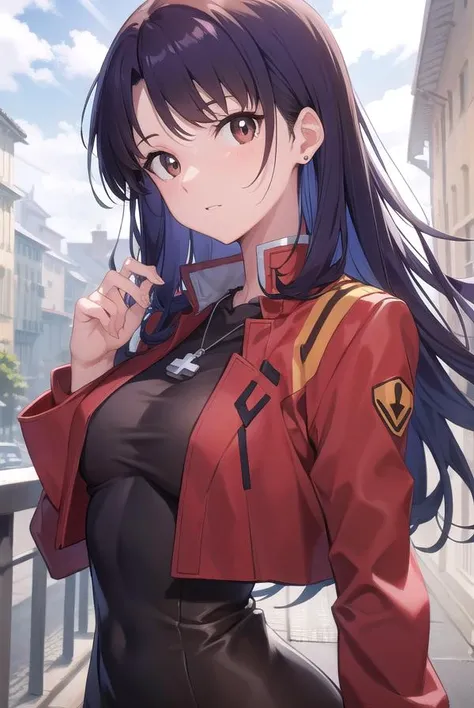 misatokatsuragi, <lora:misatokatsuragitest:1>,
misato katsuragi, long hair, (brown eyes:1.5), blue hair, purple hair,
BREAK dress, jacket, earrings, boots, necklace, black dress, high heels, short dress, red jacket, watch, wristwatch, cross necklace,
BREAK looking at viewer,
BREAK outdoors, city,
BREAK <lora:GoodHands-vanilla:1>, (masterpiece:1.2), best quality, high resolution, unity 8k wallpaper, (illustration:0.8), (beautiful detailed eyes:1.6), extremely detailed face, perfect lighting, extremely detailed CG, (perfect hands, perfect anatomy),