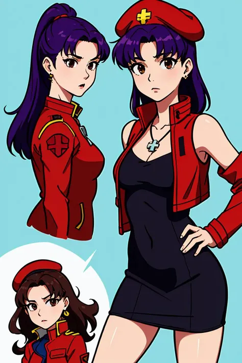 (masterpiece, best quality), 1girl,  <lora:misatokatsuragi-lora-nochekaiser:0.8> misato katsuragi, long hair, (brown eyes:1.5), blue hair, (purple hair:1.2),, misato katsuragi, long hair, (brown eyes:1.5), blue hair, (purple hair:1.2), ponytail, hat, dress, bare shoulders, jewelry, jacket, earrings, open clothes, sleeveless, necklace, black dress, open jacket, sleeveless dress, beret, short dress, cross, red headwear, (red jacket:1.5), cross necklace