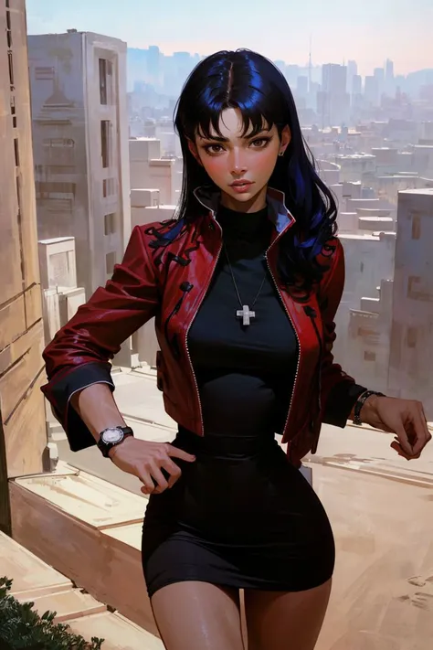 misatokatsuragi,  misato katsuragi, long hair, (brown eyes:1.5), blue hair, purple hair, adult, mature, parted lips,
dress, jacket, earrings, boots, necklace, black dress, high heels, short dress, red jacket, watch, wristwatch, cross necklace, 
looking at viewer, outdoors, city street, sexy
(masterpiece:1.5), (best quality:1.1), (intricate details:1.2), (ultra detailed),(realistic:1.5), (Detailed Illustration:1.2), (photorealistic:1.5), (hyper realistic:1.4), (8k, 4k, intricate), (cowboy shot:1.5), (highly detailed:1.2), (extremely detailed face:1.2), (extremely detailed eyes:1.2), (detailed background), (dynamic angle:1.2), (sexy pose:1.4), <lora:misatokatsuragi:0.8>,  <hypernet:incaseStyle_incaseAnythingV3:0.8>,<hypernet:mjv4Hypernetwork_v1:0.1>,