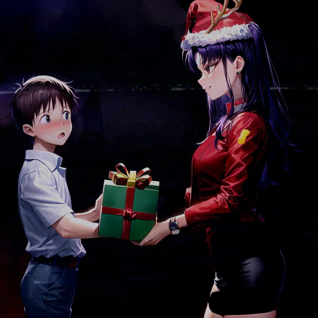 lots of missed oppurtunities making this but ok
misato katsuragi,ong hair, (brown eyes:1.5), blue hair, (purple hair:1.2),dress, jacket, earrings, necklace, black dress, short dress, (red jacket:1.5), watch, wristwatch, cross necklace, (santa hat with deer antlers), standing, giving gift to boy, christmas, smile, looking to side, dark purple background, (masterpiece:1.2)
<lora:misatokatsuragi-lora-nochekaiser:0.8> <lora:add_detail:0.8>
1boy, ikarishinji, white shirt, ikarishinji christmas, :o, blush, holding gift at gift, surprised,
<lora:ikarishinjiV10-000012:0.8>