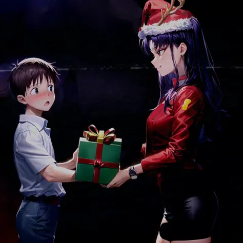 lots of missed oppurtunities making this but ok
misato katsuragi,ong hair, (brown eyes:1.5), blue hair, (purple hair:1.2),dress, jacket, earrings, necklace, black dress, short dress, (red jacket:1.5), watch, wristwatch, cross necklace, (santa hat with deer antlers),  standing, giving gift to boy, christmas, smile, looking to side, dark purple background, (masterpiece:1.2)
<lora:misatokatsuragi-lora-nochekaiser:0.8> <lora:add_detail:0.8>
1boy, ikarishinji, white shirt, ikarishinji christmas, :o, blush, holding gift at gift, surprised,
<lora:ikarishinjiV10-000012:0.8>