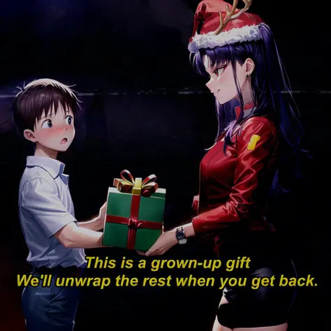 lots of missed oppurtunities making this but ok
misato katsuragi,ong hair, (brown eyes:1.5), blue hair, (purple hair:1.2),dress, jacket, earrings, necklace, black dress, short dress, (red jacket:1.5), watch, wristwatch, cross necklace, (santa hat with deer antlers), standing, giving gift to boy, christmas, smile, looking to side, dark purple background, (masterpiece:1.2)
<lora:misatokatsuragi-lora-nochekaiser:0.8> <lora:add_detail:0.8>
1boy, ikarishinji, white shirt, ikarishinji christmas, :o, blush, holding gift at gift, surprised,
<lora:ikarishinjiV10-000012:0.8>