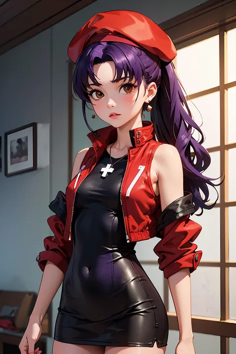 (masterpiece, best quality), 1girl,  <lora:misatokatsuragi-lora-nochekaiser:0.8> misato katsuragi, long hair, (brown eyes:1.5), blue hair, (purple hair:1.2),, misato katsuragi, long hair, (brown eyes:1.5), blue hair, (purple hair:1.2), ponytail, hat, dress, bare shoulders, jewelry, jacket, earrings, open clothes, sleeveless, necklace, black dress, open jacket, sleeveless dress, beret, short dress, cross, red headwear, (red jacket:1.5), cross necklace