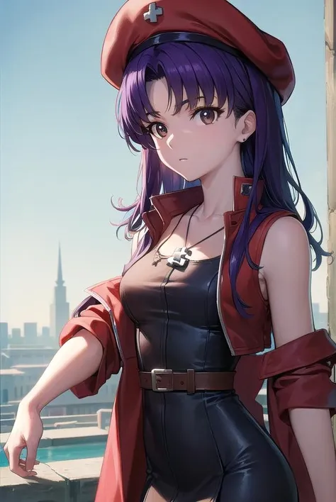 misatokatsuragi, <lora:misatokatsuragi-lora-nochekaiser:1>,
misato katsuragi, long hair, (brown eyes:1.5), blue hair, (purple hair:1.2),
BREAK hat, dress, bare shoulders, jewelry, jacket, earrings, open clothes, sleeveless, necklace, black dress, open jacket, sleeveless dress, beret, short dress, cross, red headwear, (red jacket:1.5), cross necklace,
BREAK outdoors, city,
BREAK looking at viewer, (cowboy shot:1.5),
BREAK <lyco:GoodHands-beta2:1>, (masterpiece:1.2), best quality, high resolution, unity 8k wallpaper, (illustration:0.8), (beautiful detailed eyes:1.6), extremely detailed face, perfect lighting, extremely detailed CG, (perfect hands, perfect anatomy),