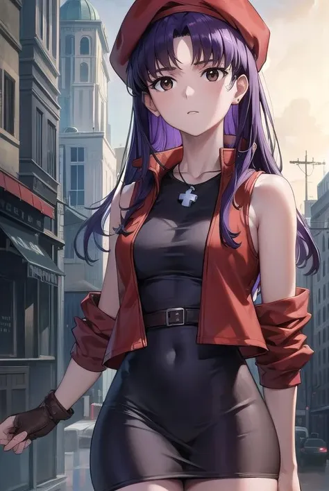 misatokatsuragi, <lora:misatokatsuragi-lora-nochekaiser:1>,
misato katsuragi, long hair, (brown eyes:1.5), blue hair, (purple hair:1.2),
BREAK hat, dress, bare shoulders, jewelry, jacket, earrings, open clothes, sleeveless, necklace, black dress, open jacket, sleeveless dress, beret, short dress, cross, red headwear, (red jacket:1.5), cross necklace,
BREAK outdoors, city,
BREAK looking at viewer, (cowboy shot:1.5),
BREAK <lyco:GoodHands-beta2:1>, (masterpiece:1.2), best quality, high resolution, unity 8k wallpaper, (illustration:0.8), (beautiful detailed eyes:1.6), extremely detailed face, perfect lighting, extremely detailed CG, (perfect hands, perfect anatomy),