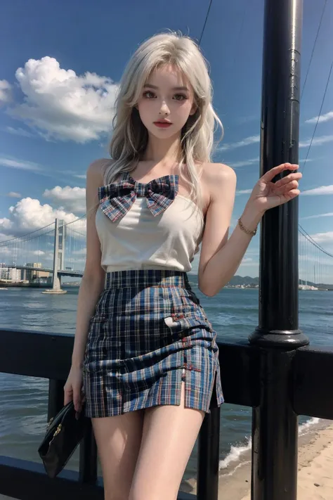 best quality,[masterpiece],((beautiful:0.75) cute girl:0.75),Professional,photo_(medium),ultra-fine painting,1girl,(white hair:1.2),(front:1.3),(standing:1.3),seaside background,Akashi_Kaikyo_Bridge,mid shot,waves,knees up,
<lora:add_detail:1>,
<lora:Special clothes60:0.75>,Special clothes60,(blue skirt:1.4),