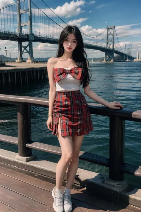 best quality,[masterpiece],((beautiful:0.75) cute girl:0.75),Professional,photo_(medium),ultra-fine painting,1girl,(black hair:1.2),(front:1.3),(standing:1.3),seaside background,Akashi_Kaikyo_Bridge,mid shot,waves,knees up,
<lora:add_detail:1>,<lora:Special clothes_20230906140534:0.75>,Special clothes60,bow,pleated skirt,