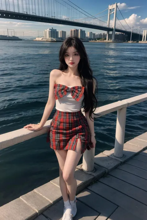 best quality,[masterpiece],((beautiful:0.75) cute girl:0.75),Professional,photo_(medium),ultra-fine painting,1girl,(long hair:1.4),(front:1.3),(standing:1.3),seaside background,Akashi_Kaikyo_Bridge,mid shot,waves,knees up,
<lora:add_detail:1>,<lora:Special clothes60:0.75>,Special clothes60,pleated skirt,