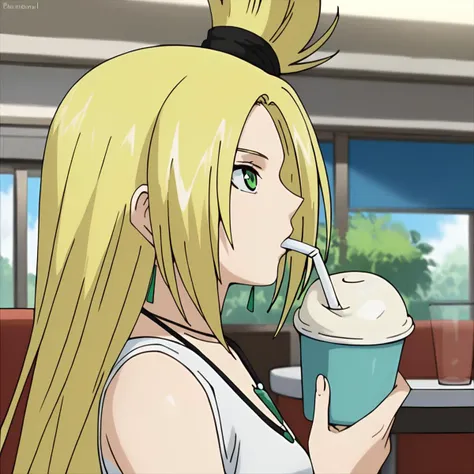 score_9, score_8_up, score_7_up, source_anime, tatsunagi_kourin, 1girl, solo, from side, holding cup, casual, necklace, blonde hair, long hair, forehead, topknot, hair tie, drinking, green eyes, looking up, restaurant, <lora:Cardfight_Vanguard_Kourin:1>