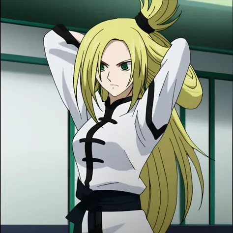 score_7_up, tatsunagi_kourin_uniform, chinese clothes, standing, medium breasts, blonde hair, green eyes, long hair, forehead, arms behind head, martial arts belt, single hair ring, topknot, hair tie, dojo,