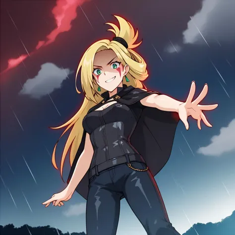 score_9, score_8_up, score_7_up, source_anime, 1girl, solo, blonde hair, shaded face, facial mark, red aura, green eyes, long hair, topknot, hair tie, single hair ring, earrings, v-shaped eyebrows, smirk, red aura, looking down, leather pants, cloak, from below, wide-eyed, medium breasts, knees, spread legs, black jeans, cloudy sky, outstretched arm,  night, rain, black boots, sky, flying, jumping, wet clothes, wet,  <lora:Cardfight_Vanguard_Kourin:0.8>