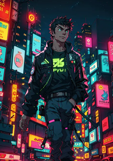 city, cyberpunk, neon, nighttime, (solo), realistic, depth of field, happy