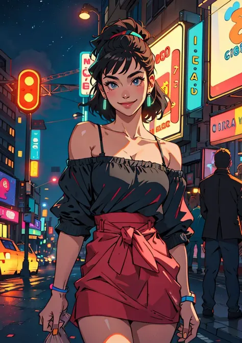 best quality, masterpiece, ultra high res, photorealistic, 1girl, offshoulder, smile, outdoors, night, city, neon lights