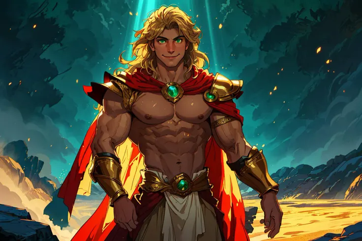 (one male), (cowboy-shot) (three-quarters view), very detailed manly face, heroic, detailed realistic open green eyes, (muscular:1.2), (big muscles), narrow waist and hips, (long sandy blonde hair), (slight smile), spartan armor, red cape, crotch curtain, Ancient Sparta, High Contrast, High Saturation, Highly detailed, high quality, masterpiece, ethereal, particle effect, (dust, gust of wind:1.07), volumetric light, light rays, gold filigree, vibrant colors, depth of field
