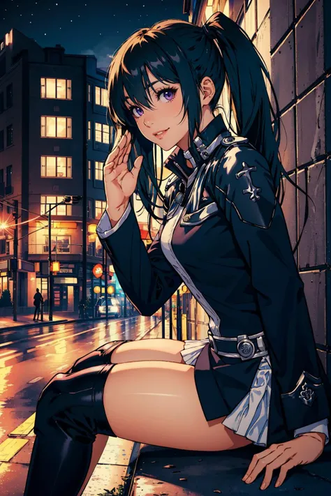 masterpiece, best quality, lenalee, purple eyes, twintails, black jacket, black miniskirt, black thighhighs, knee boots, sitting, from side, smile, salute, night, stars, city street <lora:lenalee-nvwls-v1-000011:0.9>